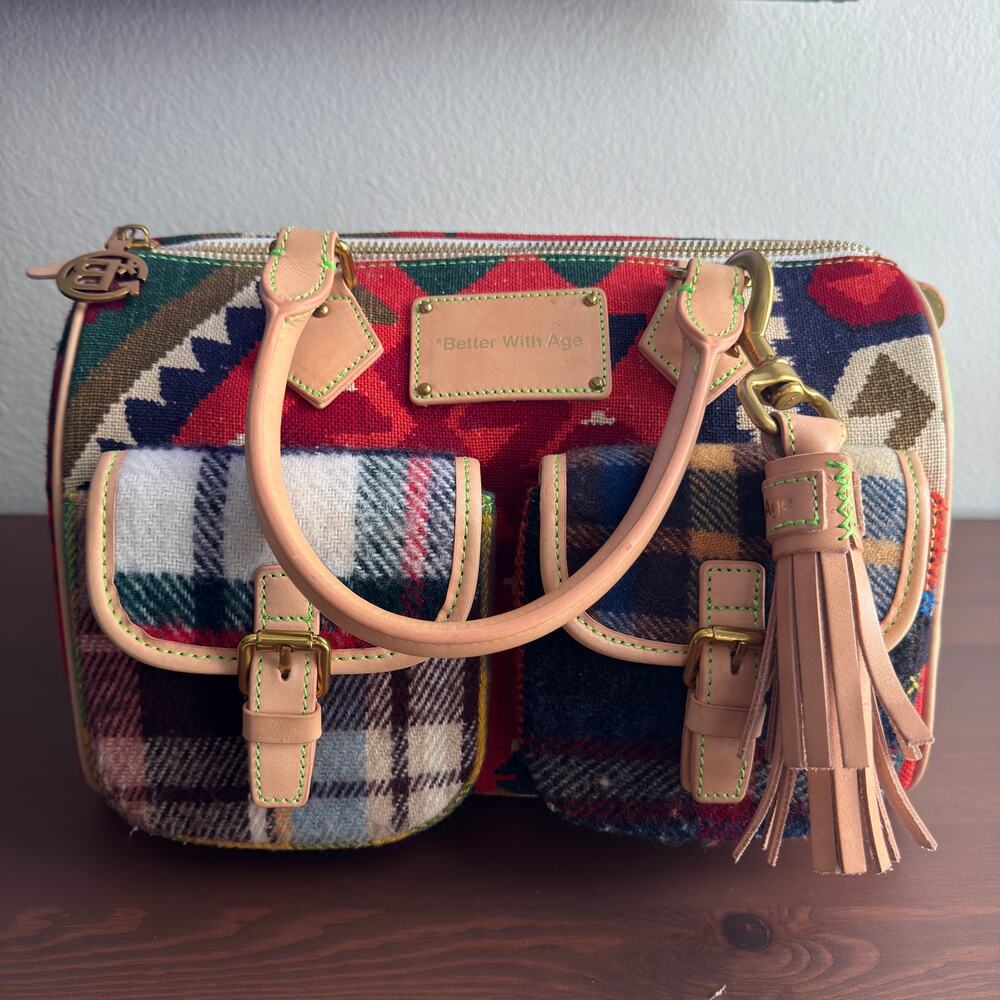 Better With Age Slowly Handbag Vintage Woven Rug Plaid Tan Leather Tassel BWA